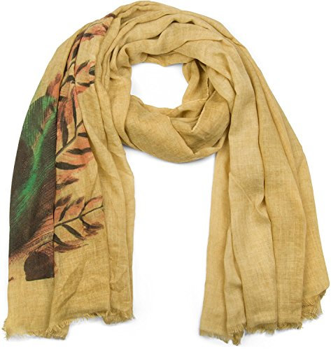 styleBREAKER Schal mit Feder Print im Boho Style, Fransen Tuch, Damen 01017066, Farbe:Camel