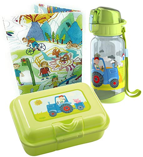 HABA Brotdose und Trinkflasche Traktor Geschenkset Kiga Schulstart Butterbrotdose Kinder Trennfach