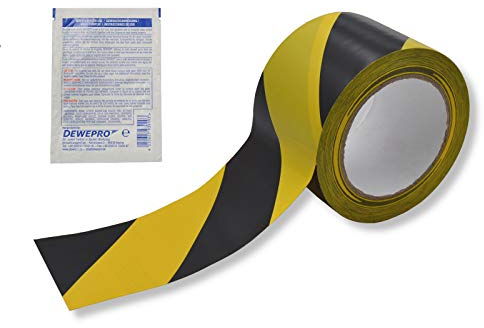 DEWEPRO ROCOL® EasyTape™ Markierungsband in Schwarz/Gelb gestreift 75mm x 33m - hoch belastbares, selbstklebendes PVC-Band - inkl. 1 Stück SingleScrubs Reinigungstuch