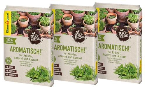 Floragard Bio-Erde Aromatisch 30 L (3×10 L) – torffreie, vegane Kräuter- & Anzuchterde mit lockerer, feiner Struktur für Aussaat, Kräuter & Jungpflanzen – fördert Gute Keimung & gesundes Wachstum