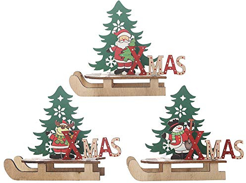 Omenluck 3 Stück Schlitten Holz DIY Ornamente Kinder Cartoon Spielzeug Weihnachtsbaum für Zuhause Küche Büro Schreibtisch