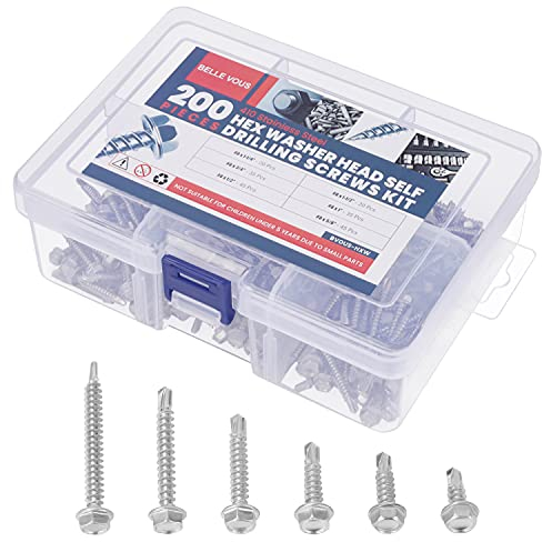 Belle Vous Sechskantschrauben M8 Edelstahl Selbstbohrende TEK Schrauben (200Stk) – 6 Größen HEX Edelstahlschrauben – Gewindeschrauben M8 Metall, Schraubensortiment Sechskant für Bauwesen, Konstruktion