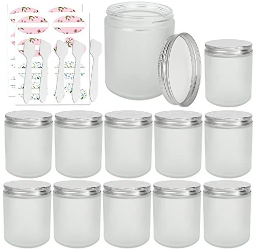 12 Pack, 8 oz 240ml Matte Clear Glass Jars with Silver Lids, Empty Frosted Round Refillable Cosmetic Containers Travel Jars for Cosmetics, Body Butter,Scrubs,Face Cream Lotion,and More