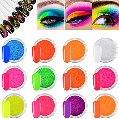 EBANKU 12 Colours Nail Pigment Powder, Neon Color Nail Powder Fluorescent Iridescent Nail Pigments Dust Nail Art Glitter Pigments for Halloween Christmas DIY Nail Art Decoration