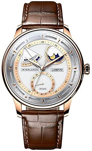 LOBINNI Mechanische Automatikuhr für Herren, Mondphase, wasserdicht, modisch, luxuriös, für Herren, weißbraun, Mechanische, automatische Armbanduhr
