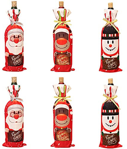 Fantasyon 6 Pcs Christmas Wine Bottle Cover Bags, Santa Snowman Deer Pattern Bottle Wrap Xmas Red Wine Gift Bags for Home Dinner Party Decoration