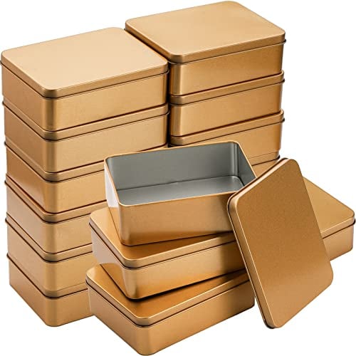 Peohud 16 Pack Rectangular Tin Boxes with Lids, Empty Hinged Tins Gold, Metal Storage Organizer Tins for Candy, Treats, Gifts, Favors and Crafts, Storage Container for Small Objects, 12cm x 9cm x 4cm