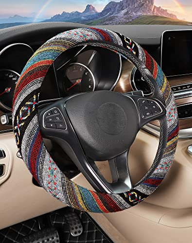 SEG Direct Boho Lenkradbezug, Ethnischer Stil Grob Flachs Tuch Auto Lenkradhüllen, Anti-Rutsch Und Schweiß Absorption, 37-39CM
