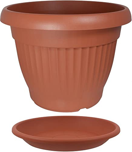 MePla - Blumentopf Pflanzkübel Campana Rippe ø50 cm + Untersetzer ø44 cm, Terrakotta, wetterfest aus UV-beständigem Kunststoff