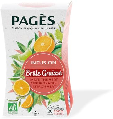 Pagès - Infusion BIO Brûle-Graisse - Maté, Thé Vert, Guarana, Saveur Citron Vert et Orange - Contrôle du Poids - Boîte de 20 Sachets, 100% Végétal