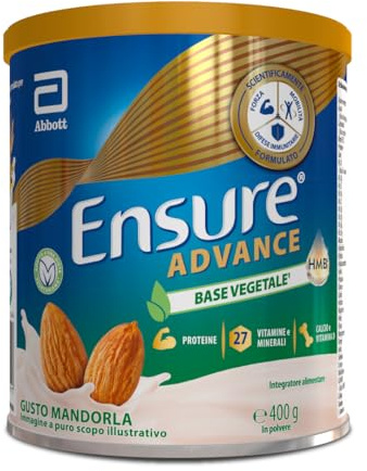 Ensure Advance Base Vegetale | Integratore in polvere con Proteine Vegetali, con 27 Vitamine e Minerali, Calcio e HMB |Confezione 400g |Gusto Mandorla