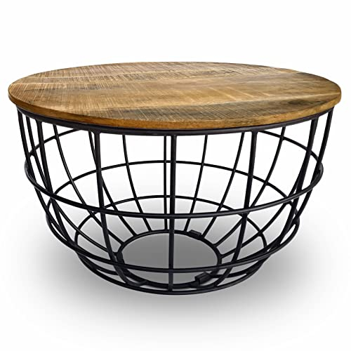 ELYFLAIR® runder Couchtisch aus Massivholz – Beistelltisch – Tisch – Mango Altholz Couchtisch Rund – Couchtisch Holz mit ausdrucksstarker Maserung – Beistelltisch Holz