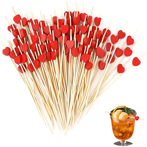 Pinchos De Cóctel Corazón Rojo, Palillos De Bambú con Deco, 100 Piezas, Adecuado para Bar, Fiesta Y Decoración De Fiestas