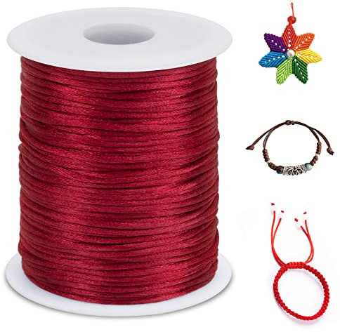 LEREATI 2mm Fil Nylon pour Bracelet Perle 100m Cordon Bracelet Macramé Fil de Jade, Cordon Satin pour Arts Créatifs, Bijoux, Décorations (Rouge)