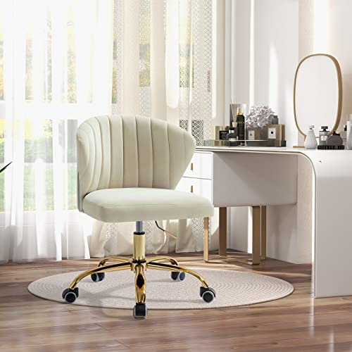 FABRICATION HAUS Swivel Office Vanity Chair Desk Chairs Velvet Comfy Upholstered Makeup Computer Chairs with Adjustable Height & Padded Cushion for Home Office, IVORY