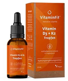VitaminFit Vitamin D3 und K2 Tropfen – Flüssig – 2000 IE D3 aus Algen & 75 µg K2 aus Natto – Vegan, ohne Zusatzstoffe, 100% Pflanzlich – Hohe Bioverfügbarkeit – Vorrat für 2 Monate (20 ml)