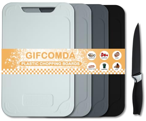 Gifcomda Schneidebrett Kunststoff, 4-er Schneidebrett Set mit Universalmesser und DIY-Aufkleber, Easy Grip Griffe, Antibakteriell, Spülmaschinenfestes, für Fisch/Gemüse/Obst/Fleisch