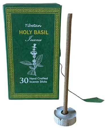 Sughandit Dhoop Himalaya Räucherset - Geschenkset Tibetischer Räucherstäbchen - 100% natürlich - 30 Riegel in Box mit einem Weihrauchhalter (Basilikum Holi)