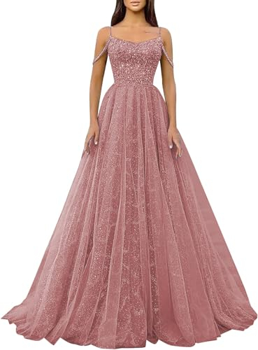 Générique Robe De Bal à Paillettes Scintillantes,Bretelles Spaghetti,en Tulle,Robe De SoiréE Formelle,Ligne A,éPaules DéNudéEs,Robe De SoiréE pour Femmes Dusty Rose L
