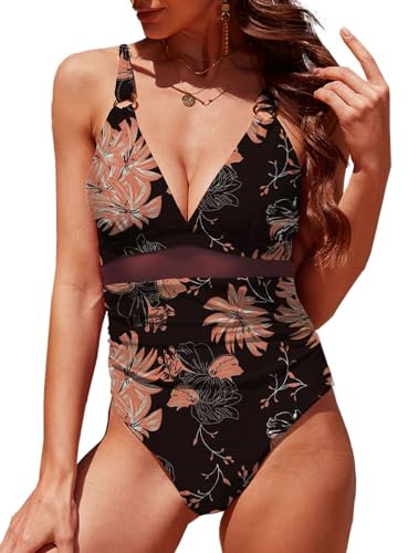 Yutdeng Costume da Bagno Intero da Donna con Controllo della Pancia Costumi Interi con Scollo a V Un Pezzo Mesh Ruched Beachwear Elegante Swimsuit Mare e Piscina,Rosa Floreale,XL