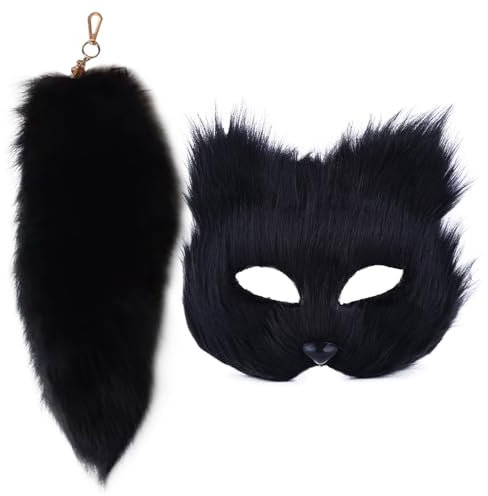 SWEETBIUTI Masque de chat et queue de Therian - Masque de renard à fourrure et porte-clés de 40,6 cm de long - Demi-masque de bal masqué pour cosplay, déguisement - Accessoire de fête - Noir