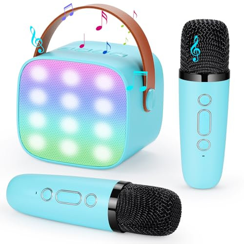 Duemste Karaoke Machine Kids with 2 Wireless Microphone,Portable Karaoke Machine with Bluetooth with LED Light and Blue Sticker for Boys Girls Families Birthday Party,light Light Blue