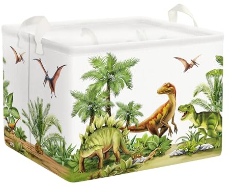 Clastyle 36L Groß Grün Wald Dinosaurier Kinder Aufbewahrungskorb mit Henkel Palme Rechteckig Spielzeug Kleidung Aufbewahrungsbox für Kinderzimmer Bad