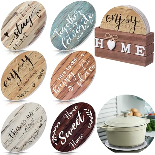 Queekay 6 Pcs Wooden Trivets for Hot Dishes Pots and Pans Farmhouse Pot Mats with Holder 7'' Thick Heat Resistant Large Coaster Housewarming Gift for Kitchen Countertop Home Decoration(Farmhouse)