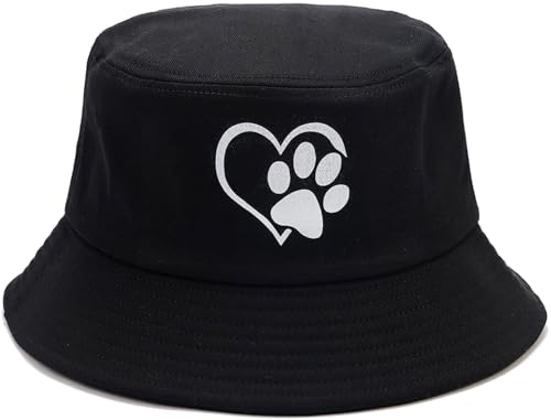 Malaxlx Damen Liebesherz Hundepfote Schwarz Fischerhut Bucket Hat Anglerhut Sonnenhut Fischerhüte Sommerhut Faltbarer Strandhut Draussenhut
