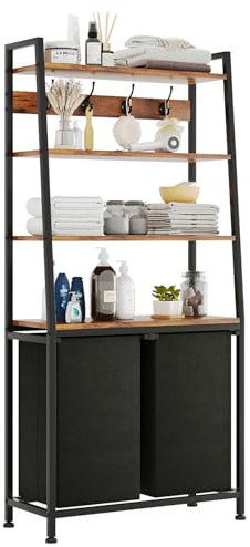 CAIYUN Laundry Basket, 2 compartments Hamper with 4 Tier Shelf and 4 Hooks, Washing Basket with Storage, Dirty Laundry Organizer for Bathroom Shelf, Wood shelf for Small Room, Black Standing Shelf