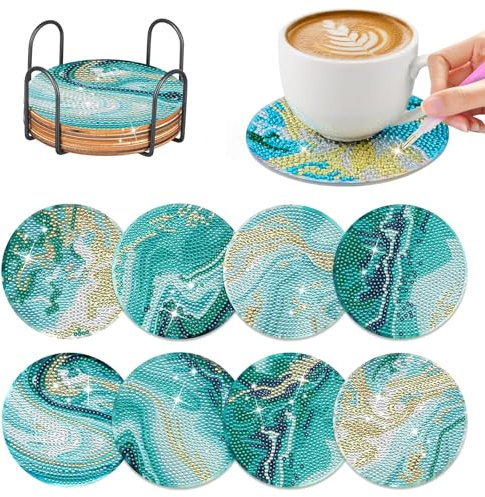 DERJDISF Posavasos - 8 Posavasos de Arte con Diamantes DIY con Soporte, Manualidades para Adultos, Kits de Pintura de Diamantes, Posavasos DIY Marina para Manualidades