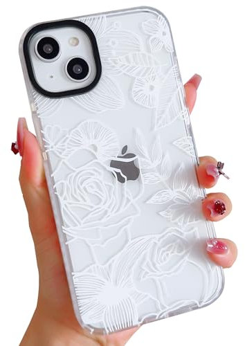 ECZOIL Compatible for iPhone 14 Plus/15 Plus Case, Cute Rose Flower Floral Clear Cover for Women Girl Ultra Slim Soft TPU Shockproof Anti-Yellow Protective Phone Case - White