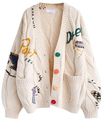 SAGGION Women's Cable Knit Long Sleeve Cardigan V Neck Colorful Open Front Button Embroidered Knitted Sweater Coat Pocket,M