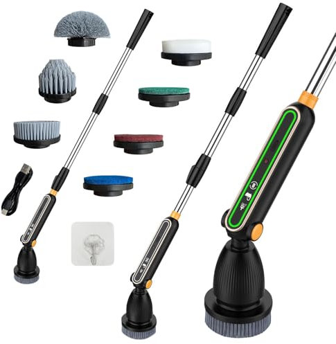 Elektrische Reinigungsbürste mit teleskop, Electric Spin Scrubber 7 Austauschbare Bürstenköpfe, 30-130cm Verstellbarer Griff, 120 Min. Laufzeit, Stromschutz, Vielseitig für Bad, Küche und Auto Schwarz
