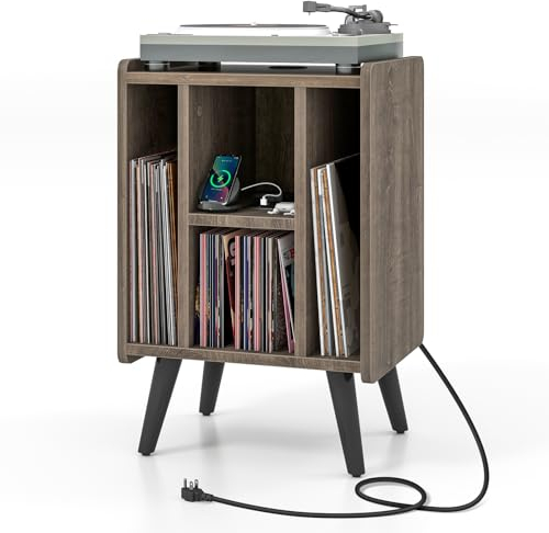 COSTWAY Plattenspieler-Ständer mit Ladestation, Vinylplatten Plattenspielertisch mit 4 offenen Ablagen, Schallplattenständer Vintage, Beistelltisch für Wohnzimmer Büro, 43x34,5x67,5cm (Grau)