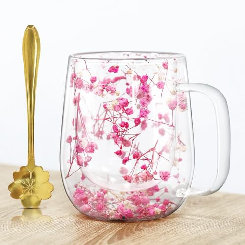 Afitdon, doppelwandiger Becher mit Löffel, für Cappuccino, Latte Macchiato, Tee, Eis und Milch, Geschenk für Frauen (350 ml)