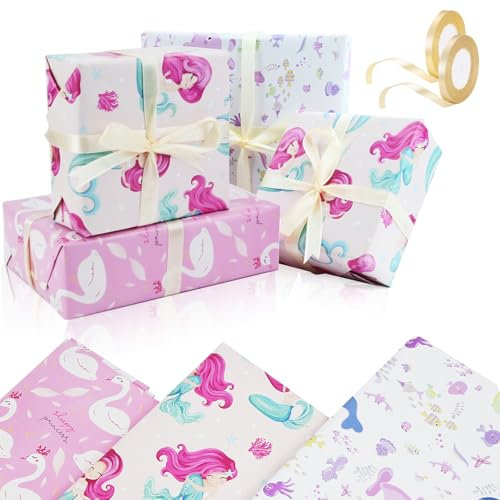 FIHODONE Lot de 9 rouleaux de papier cadeau pour enfants 50 x 70 cm avec 2 paquets de rubans, papier cadeau pour fille, papier cadeau d'anniversaire d'enfant, papier cadeau de Noël