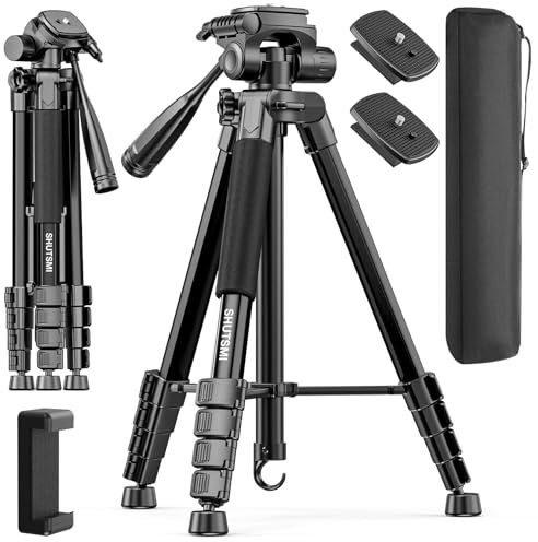 SHUTSMI Treppiede per Fotocamera da 184 cm, Treppiede compatto con Supporto Universale per Telefono, Treppiede da Viaggio Leggero per DSLR, Fotocamere Mirrorless e Smartphone,Nero
