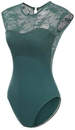 Lanbodance Kurzärmeliger Ballettanzug für Erwachsene, Tanz, Gymnastik, Body, Dunkelgrüne Spitze, XL