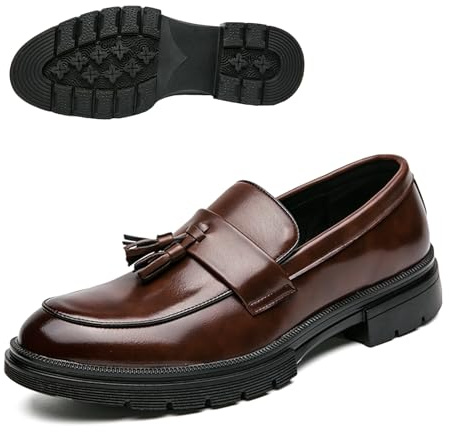 Men's Fashion Tassel Platform Loafers Comfortable Wide Round Toe Slip on Lug Sole Low Block Heel Business Dress Shoes Non-Slip Work Office Casual Shoes (Brown,12)