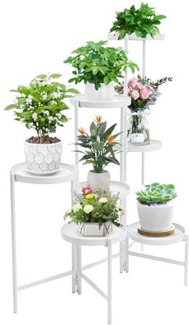 7 Etagen Metall Pflanzenständer Blumentopfständer, Pflanzendisplay,Mehrstöckig Pflanzenregal Blumenregal Pflanzentreppen für Zimmerecke, Wohnzimmer, Balkon, Terrasse (Weiß)