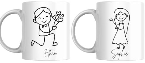 SUBLIX Custom Couple’s Mug Set | Personalized His and Hers Stick Figure Design | Romantic 11 oz Ceramic Coffee Cups | Gift for Anniversary, Wedding, Valentine’s Day, or Special Occasions