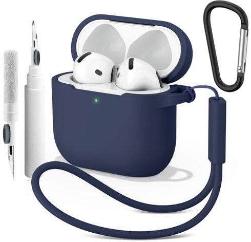 Wanme Case for AirPods 4 with Cleaner Pen, Silicone Protective Cover for Apple Airpods Generation 4 with Carabiner, Front LED Visible,Midnight Blue