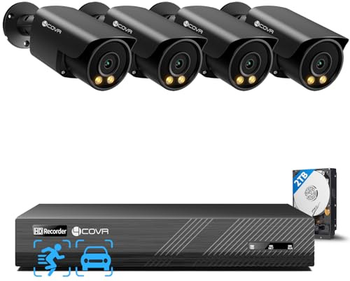 4COVR 5MP Überwachungskamera Aussen Set, 8CH NVR mit 2TB HDD, DLY37YB5M0804 | 4×5MP PoE IP Bullet Kamera IP67, 2-Wege-Audio, Farb-Nachtsicht, Personenerkennung und Fahrzeugerkennung, 24/7 Heimüberwachung