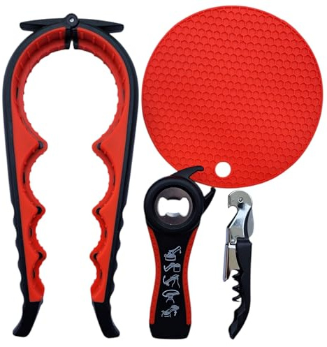 Glasöffner & Flaschenöffner 4-in-1 Set – Für Schraubgläser, Dosen, Weinflaschen – Ergonomischer Griff für Senioren & Arthritis (Schwache Hände) (Rot-Schwarz)