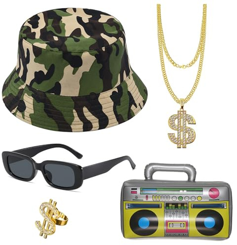 HTTDSLF 5 Stück Hip Hop Kostüm Set, Zuhälter Kostüm Herren, 80er 90er Jahre Outfit Herren Hip Hop Kostüme, Rapper Zubehör mit Dollar Halskette Goldring Sonnenbrille Aufblasbare Boombox