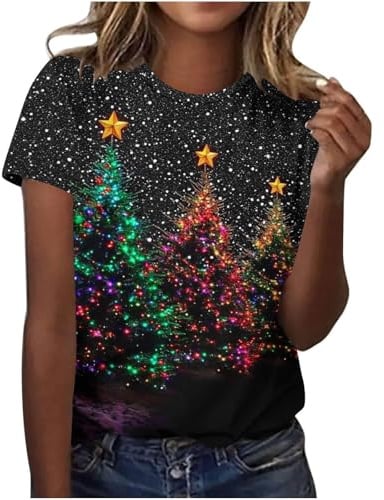 Zeiayuas Christmas T-Shirts Women Christmas Tree Graphic Xmas Print T Shirt Holiday Short Sleeve Tops Ladies Lightweight Fall Winter Going Out T Shirts Cute Funny Novelty Merry Xmas Pullover