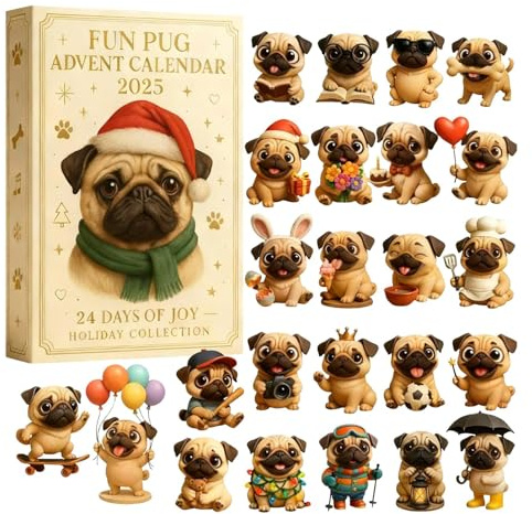 Mops Adventskalender 2025, 24 Tage Weihnachten Adventskalender mit niedlichen Mops Hund Hängende Ornamente, Weihnachtsgeschenk für Hundeliebhaber, Lustiger Countdown bis Xmas Geschenk Baumschmuck (C)