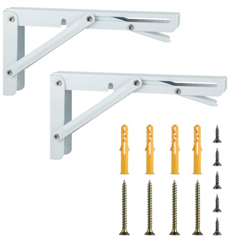 2 Klappkonsole, Eisen Klappwinkel 90 Grad,Scharniere Klappbar, Winkel Klappbar Regalwinkel, Wandmontage-Konsole, geeignet für Haushalt, Lager, Küche, Büro, Tisch, Wand (weiß, 20×10.8 cm)