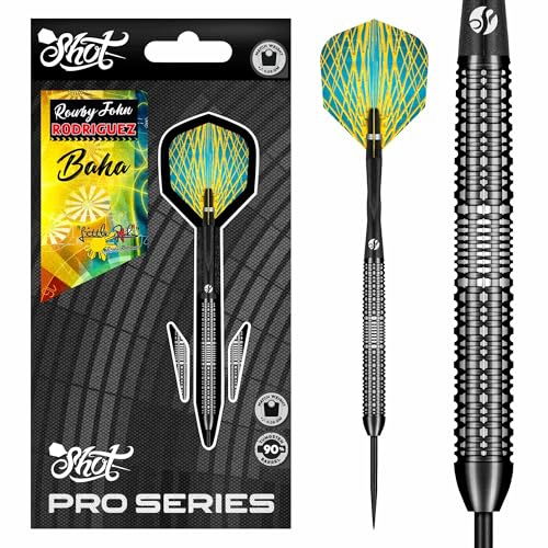 Shot! Pro Series Rowby-John Rodriguez BAHA Dartpfeile mit Stahlspitze, 90 % Wolfram, handgefertigt, professionelles Dart-Set & Flights, hergestellt in Neuseeland, Metallspitze für Borsten-Dartscheibe